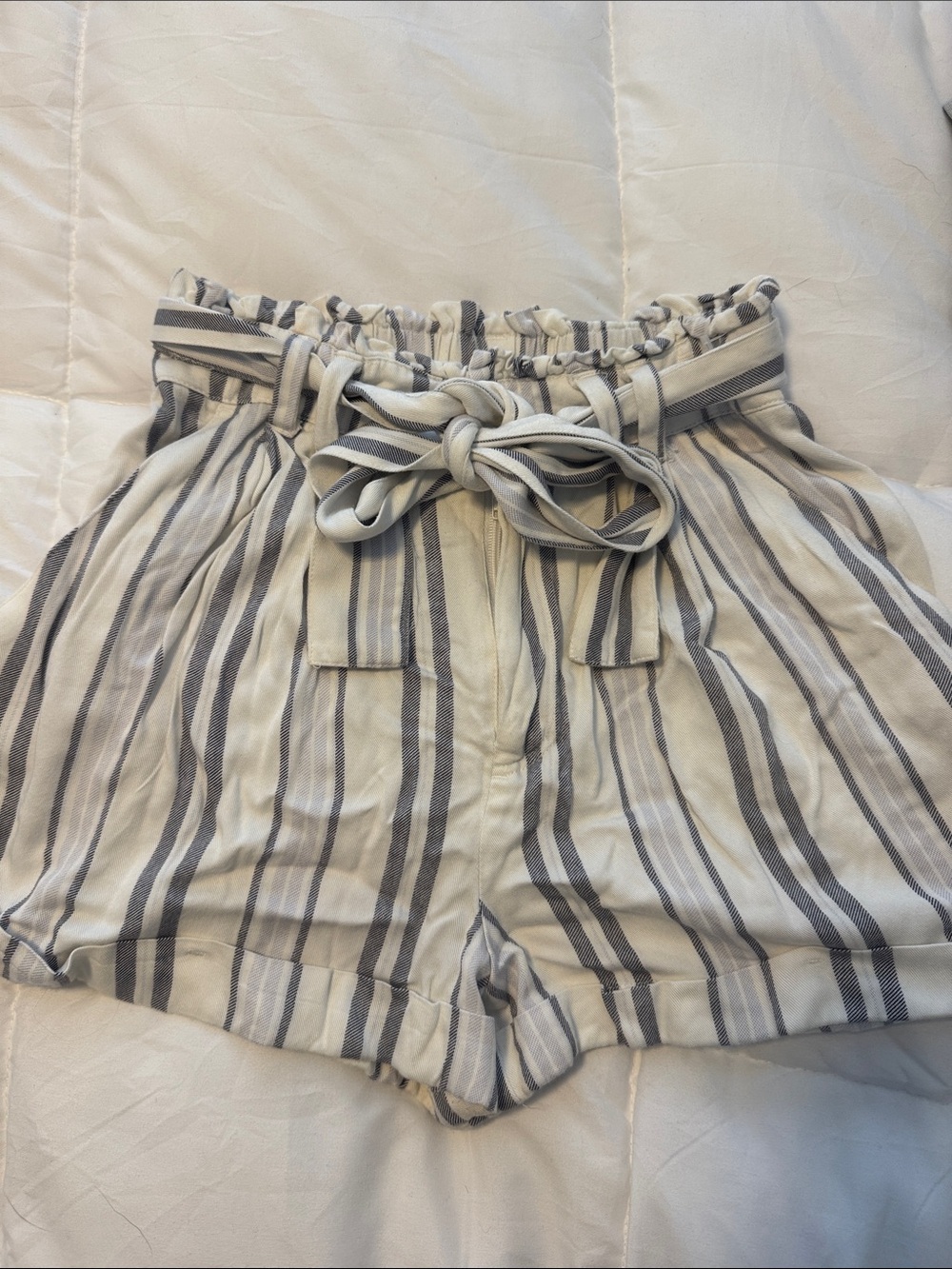Forever 21 Cream & Gray Striped Paperbag Waist Shorts